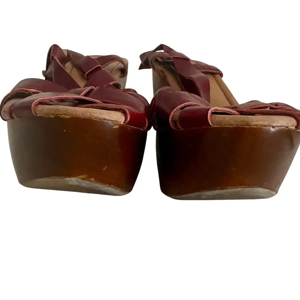 Miz Mooz Gizmo Maroon Leather Strappy Wood Wedge Slingback Sandals Basketweave